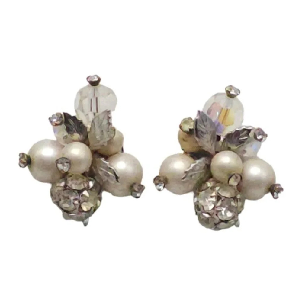 Vendome Faux Pearl Clear Rhinestone Cluster Leaf Stud Earrings Silver Tone Vinta